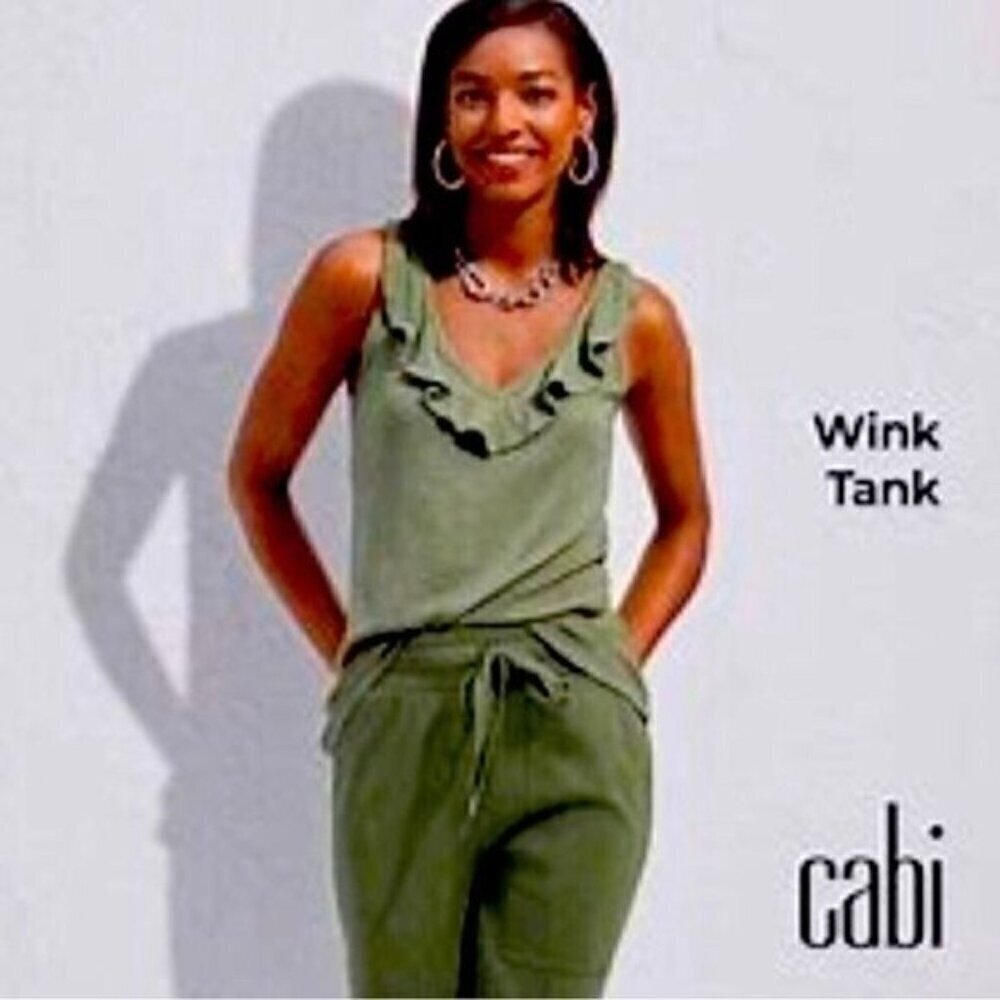 CABI Wink Tank Green Olive Stripe Ruffle V-Neck Sz XL #6143 EUC